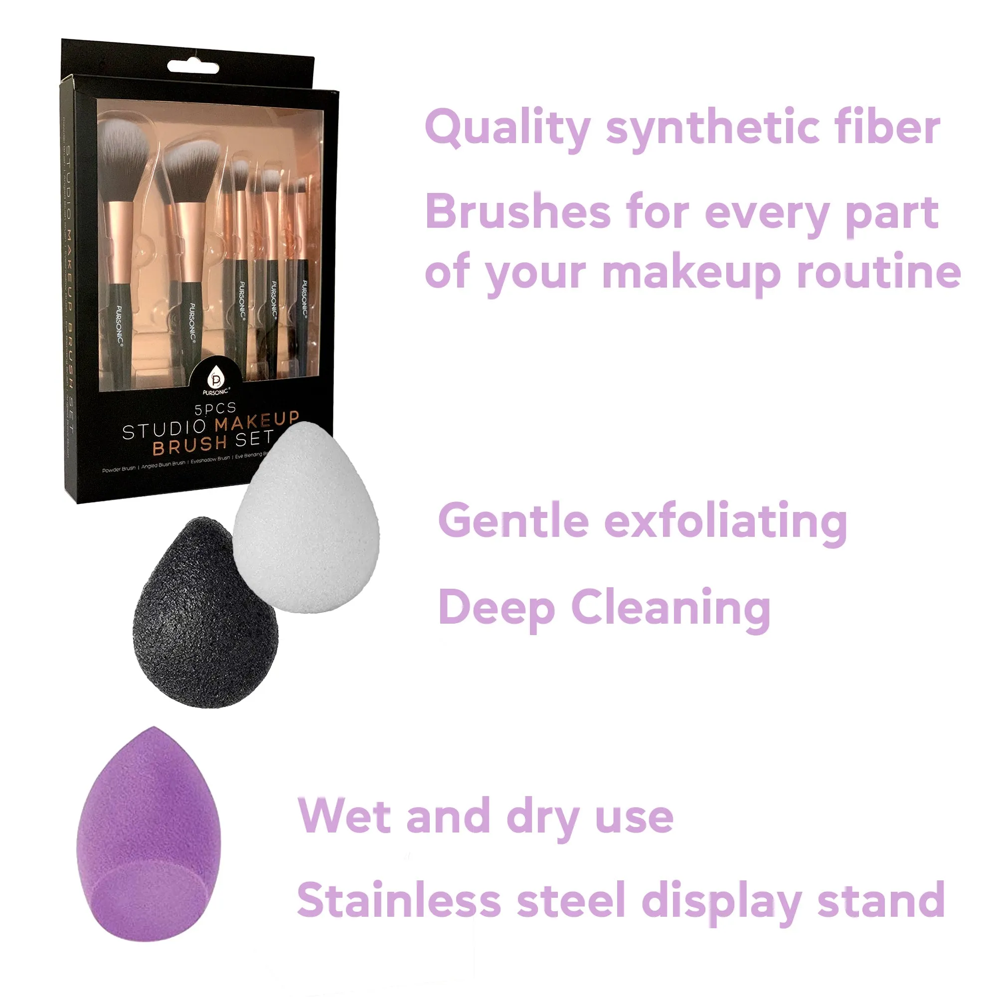 Beauty Essentials Bundle: Facial Makeup Blender Sponge   Natural Facial Konjac Sponge Duo Set(3 pack)   5 Pcs Studio Makeup Brush Set (Black)