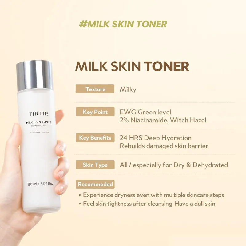 Milk Skin Rice Toner Light - Instant Hydration with 4% Niacinamide, Pantenol, Lightweight, Pore-Tightening, Vegan, Acne-Prone, Oily Skin, Fungal Acne Safe