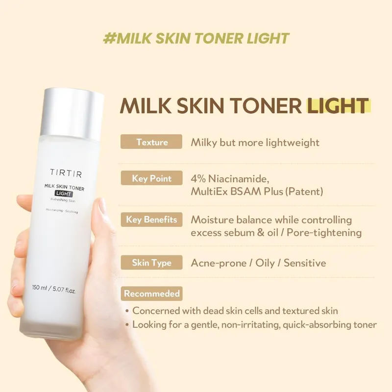 Milk Skin Rice Toner Light - Instant Hydration with 4% Niacinamide, Pantenol, Lightweight, Pore-Tightening, Vegan, Acne-Prone, Oily Skin, Fungal Acne Safe