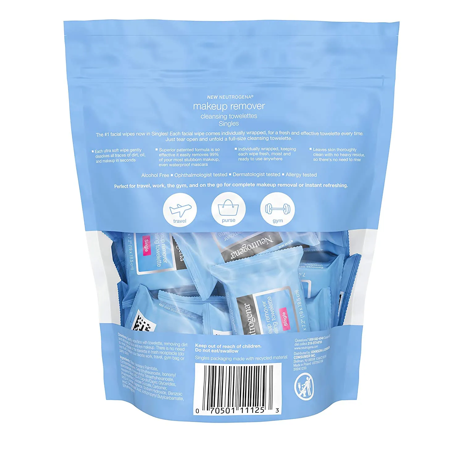 Neutrogena Fragrance-Free Makeup Remover Cleansing Towelette Singles, Individually-Wrapped Daily Face Wipes to Remove Dirt, Oil, Makeup & Waterproof Mascara for Travel & On-The-Go, 20 Ct