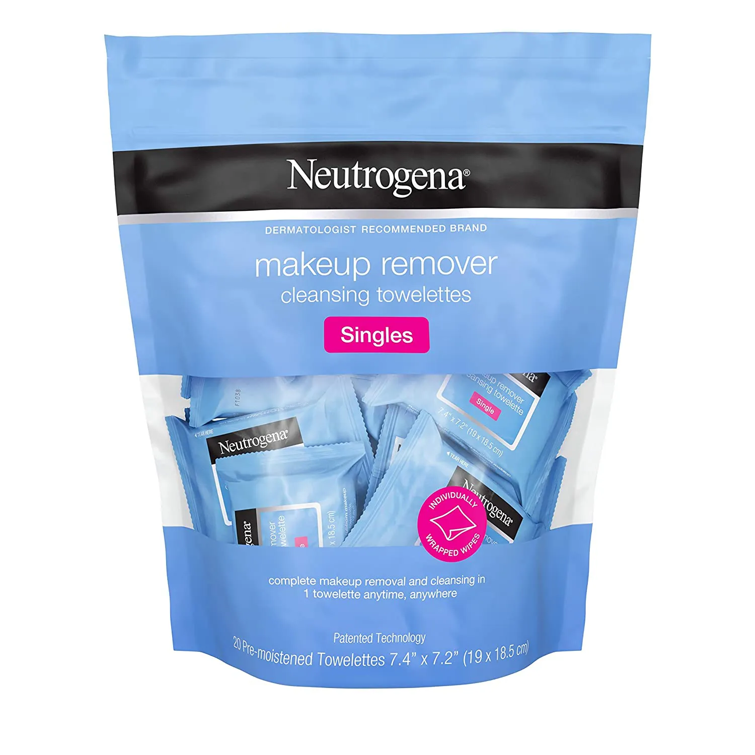 Neutrogena Fragrance-Free Makeup Remover Cleansing Towelette Singles, Individually-Wrapped Daily Face Wipes to Remove Dirt, Oil, Makeup & Waterproof Mascara for Travel & On-The-Go, 20 Ct