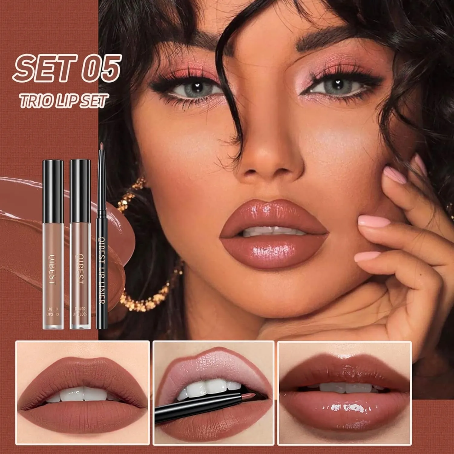 Trio Matte Liquid Lipstick Set - Waterproof Velvet Finish in Lazy Orange with Gloss & Lip Liner