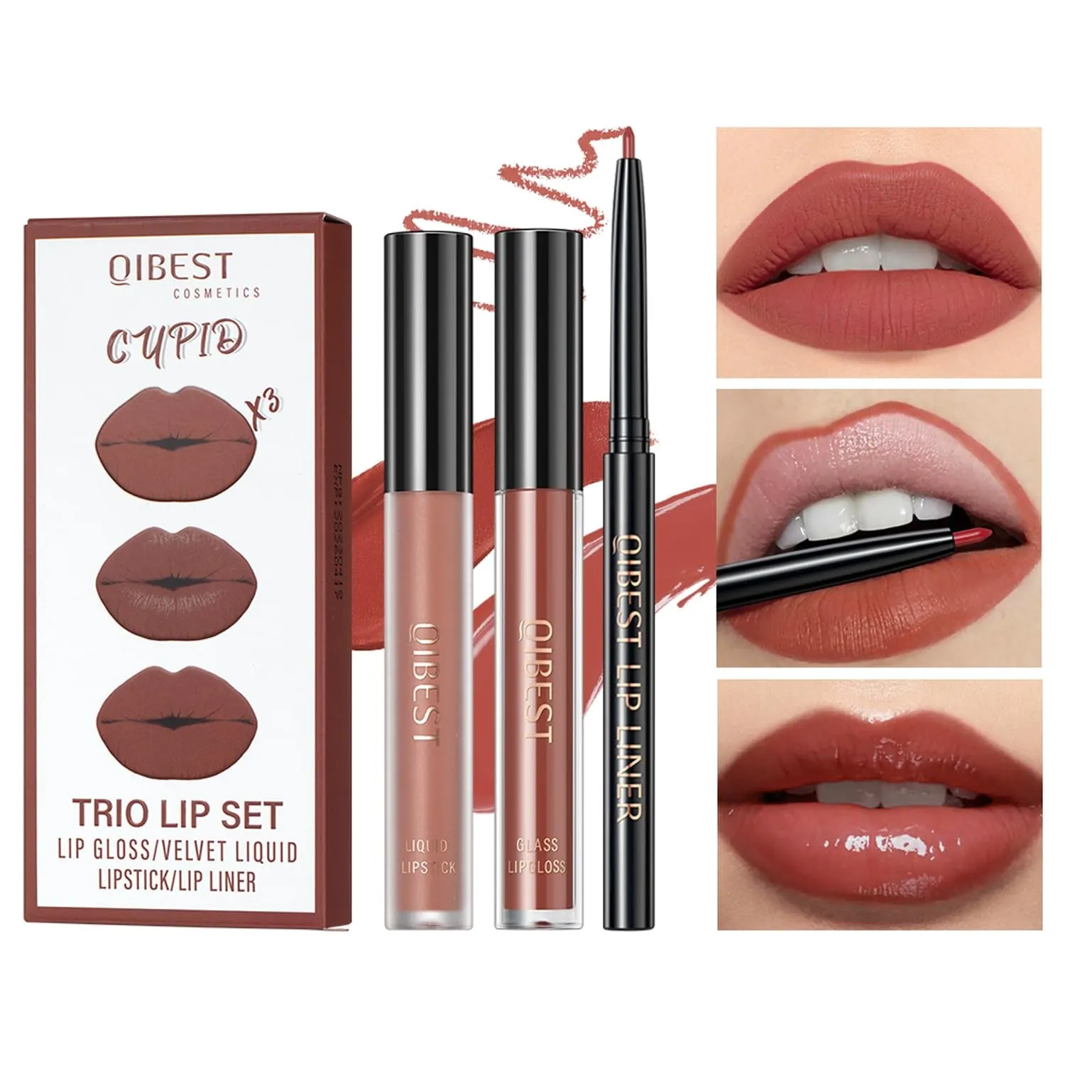 Trio Matte Liquid Lipstick Set - Waterproof Velvet Finish in Lazy Orange with Gloss & Lip Liner