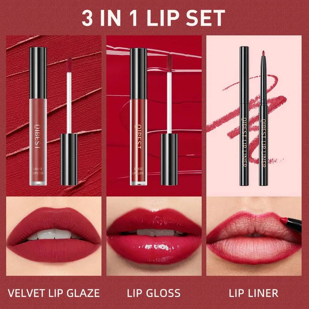 Trio Matte Liquid Lipstick Set - Waterproof Velvet Finish in Lazy Orange with Gloss & Lip Liner